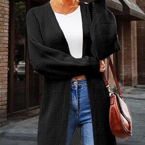 Long Ribbed Cardigan Sweater Black Open Front Oversized M